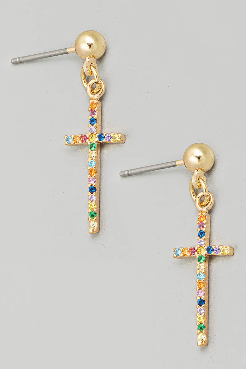 Pave Rainbow Cross Drop Earrings