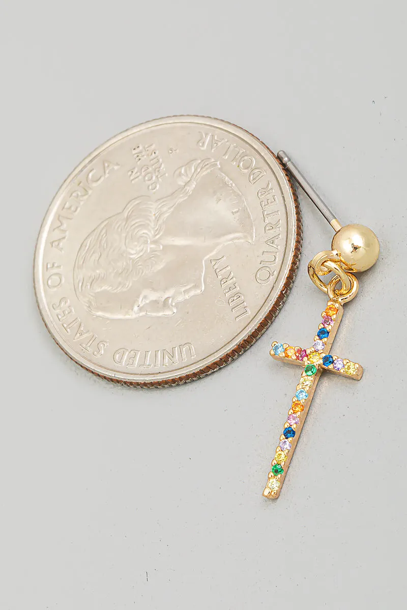 Pave Rainbow Cross Drop Earrings