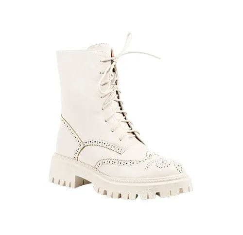 PERFORATED DESIGN CREAM TIE UP BOOTS