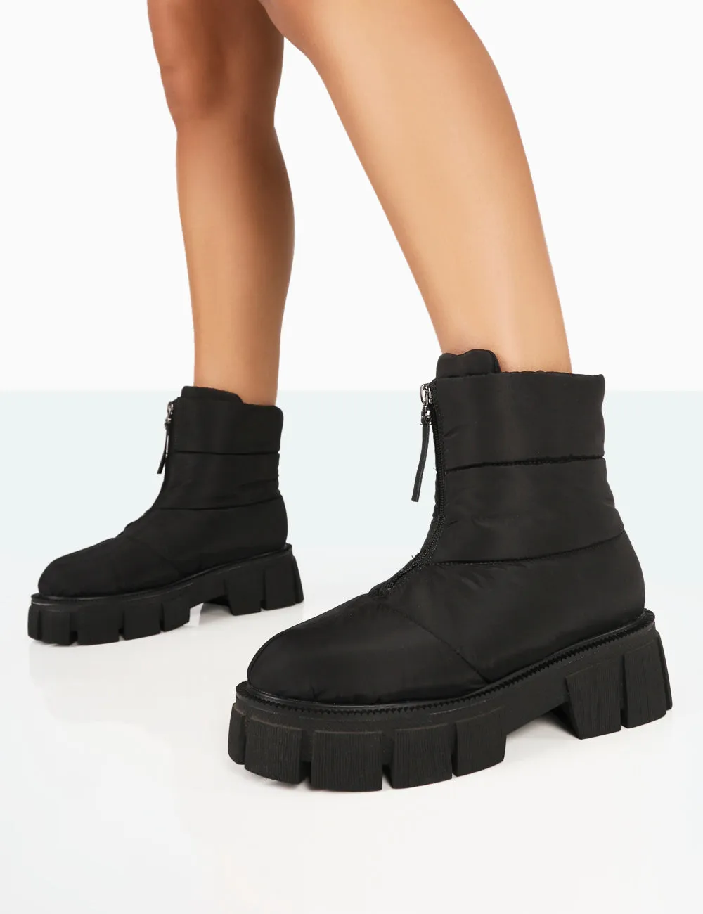 Puffy Black Nylon Zip Up Chunky Sole Snow Ankle Boots