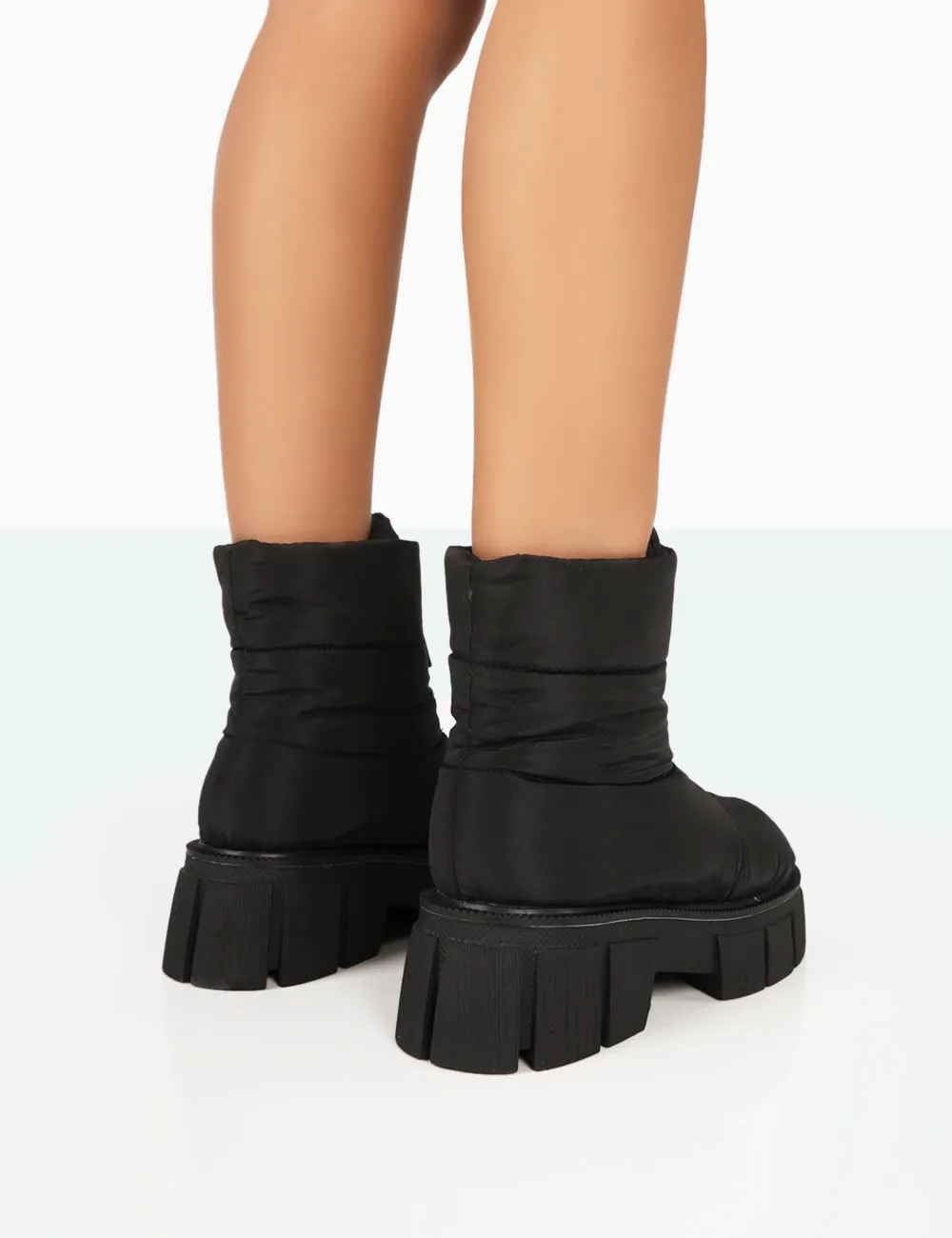 Puffy Black Nylon Zip Up Chunky Sole Snow Ankle Boots