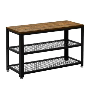 Retro Industrial Shoe Bench, Multi-layer Design, Black Painted Iron Mesh