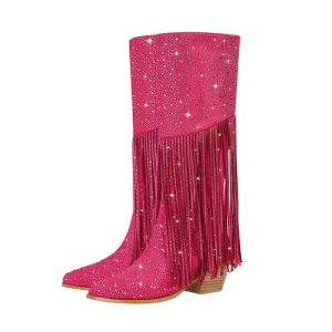 Rhinestone Fringe Square Heel Boots