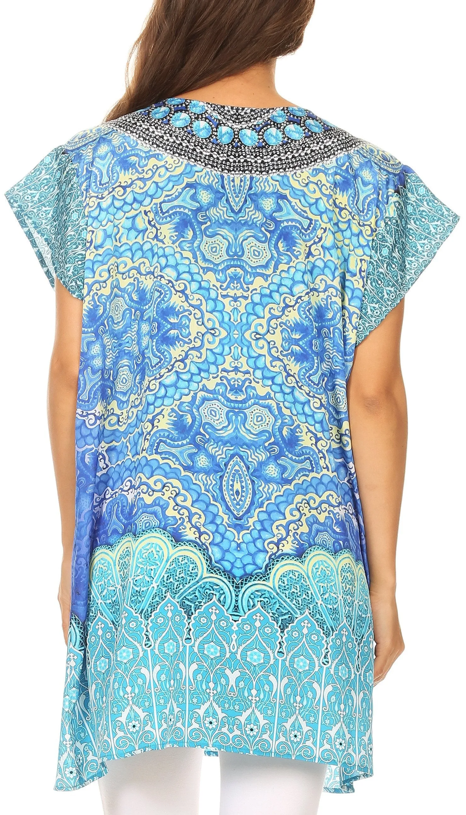 Sakkas Lesedi Top Blouse With Cap Sleeves Colorful Print and Rhinestones