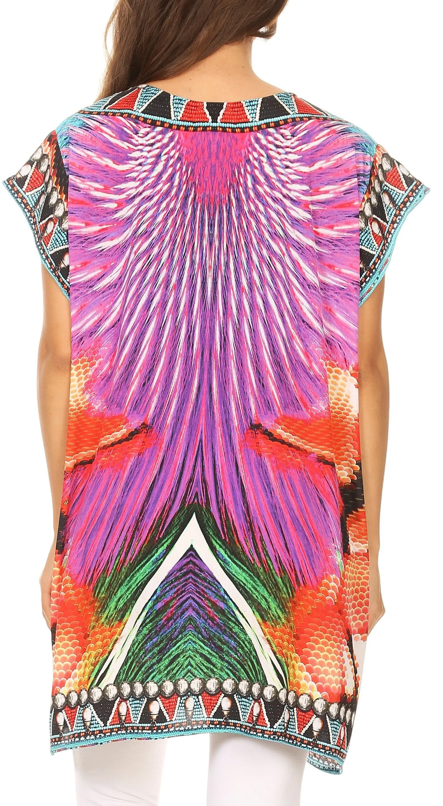 Sakkas Lesedi Top Blouse With Cap Sleeves Colorful Print and Rhinestones