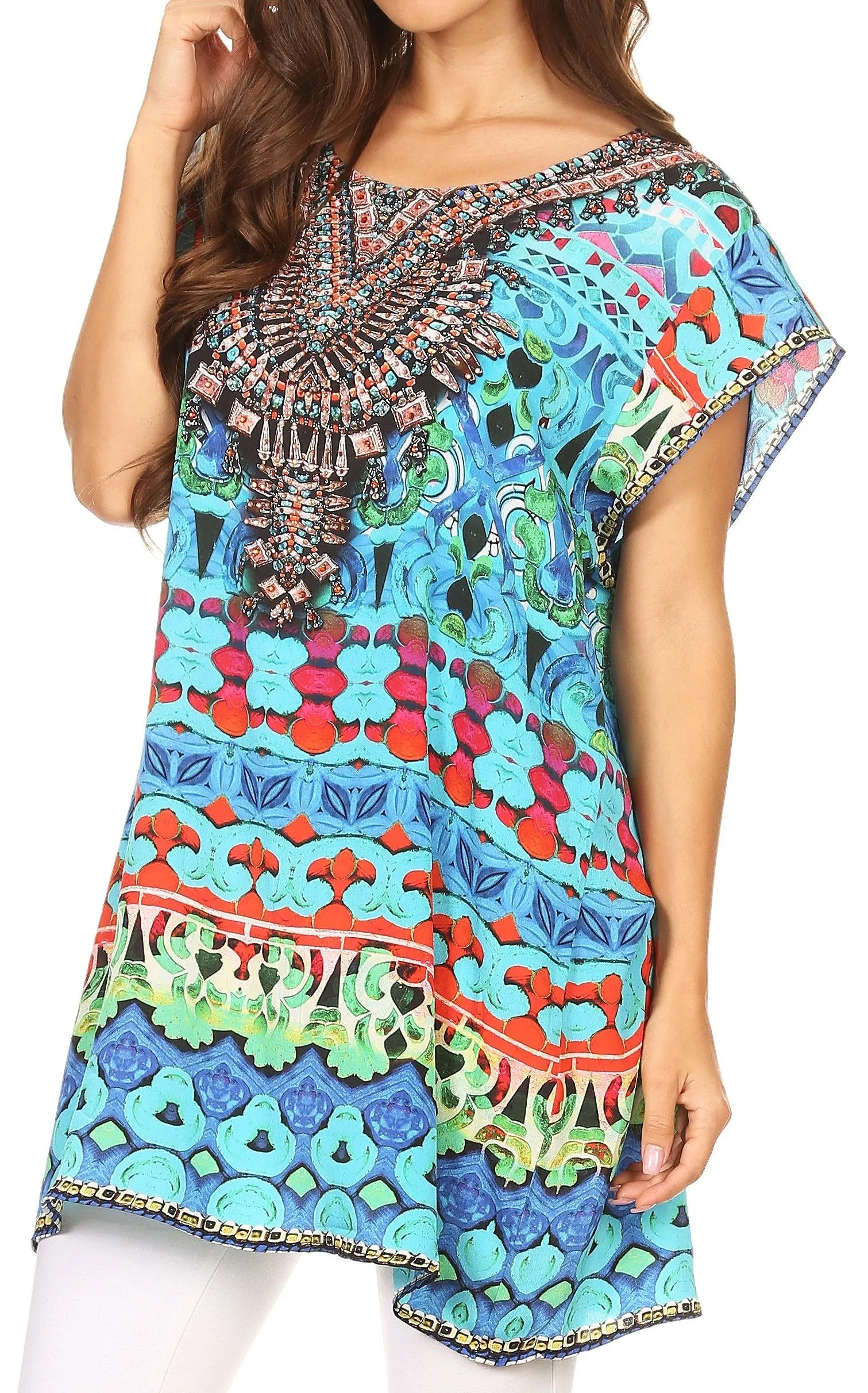 Sakkas Lesedi Top Blouse With Cap Sleeves Colorful Print and Rhinestones