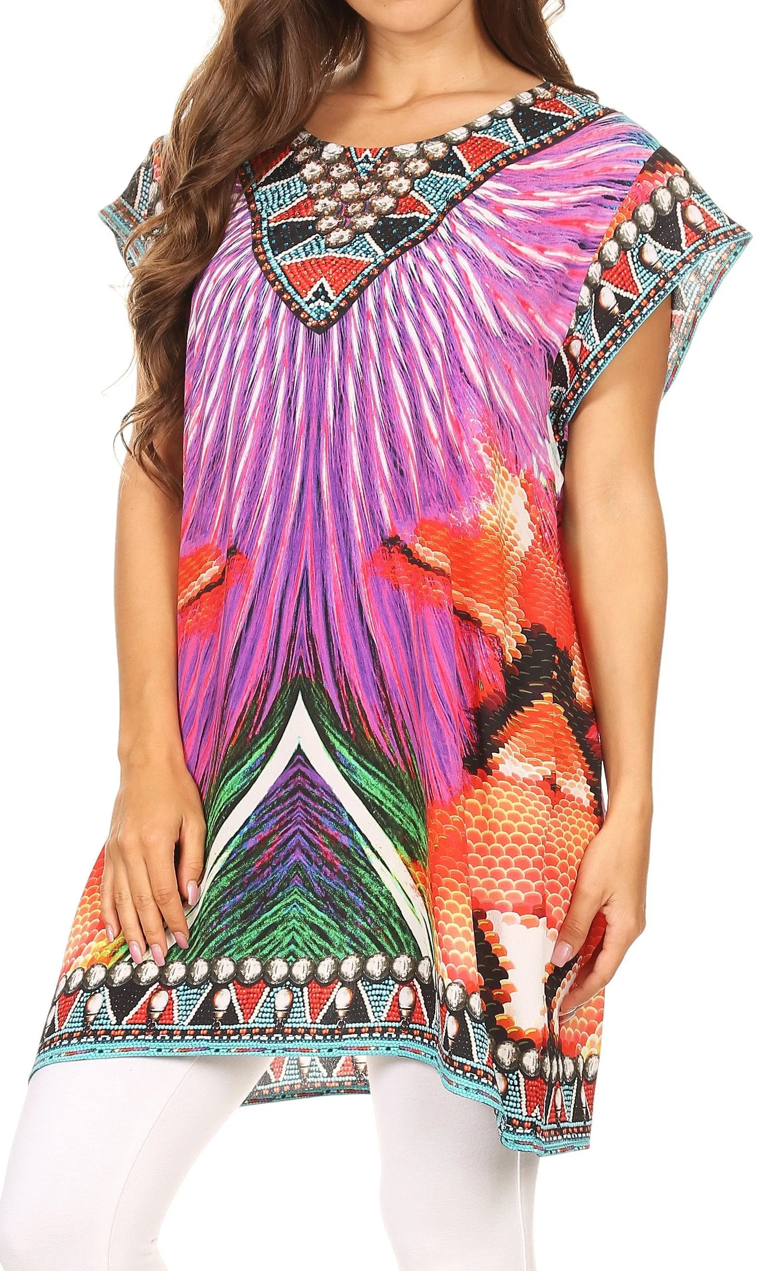 Sakkas Lesedi Top Blouse With Cap Sleeves Colorful Print and Rhinestones