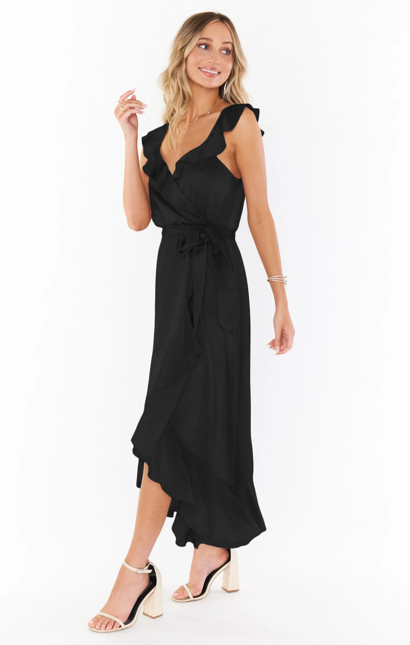 Samantha Ruffle Wrap Dress ~ Black Luxe Satin