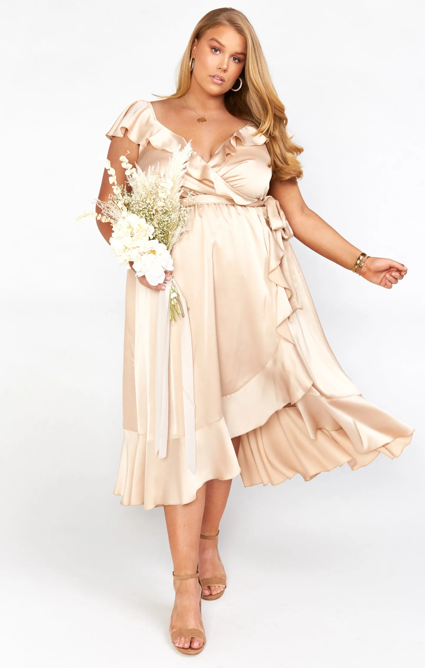 Samantha Ruffle Wrap Dress ~ Champagne Luxe Satin