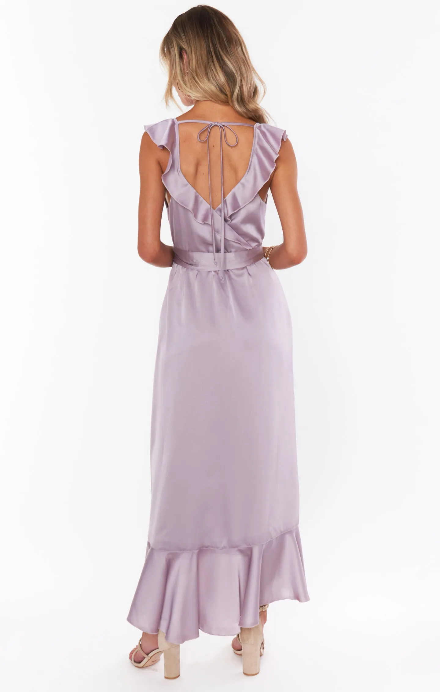 Samantha Ruffle Wrap Dress ~ Dusty Purple Luxe Satin