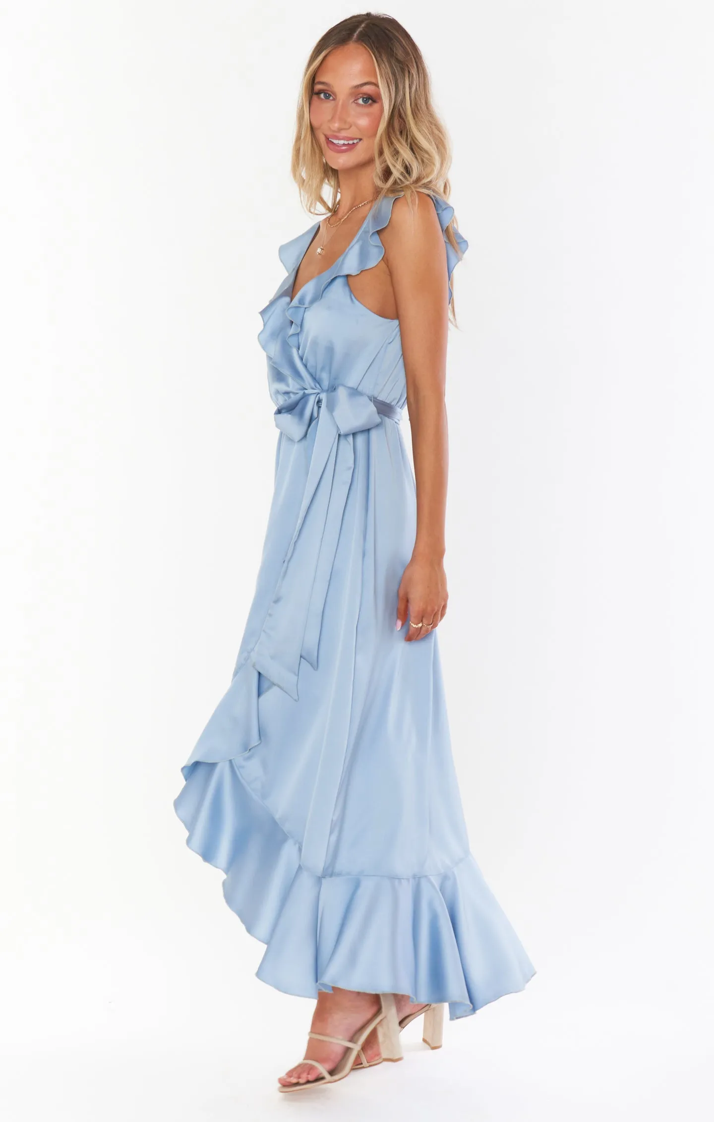 Samantha Ruffle Wrap Dress ~ Steel Blue Luxe Satin