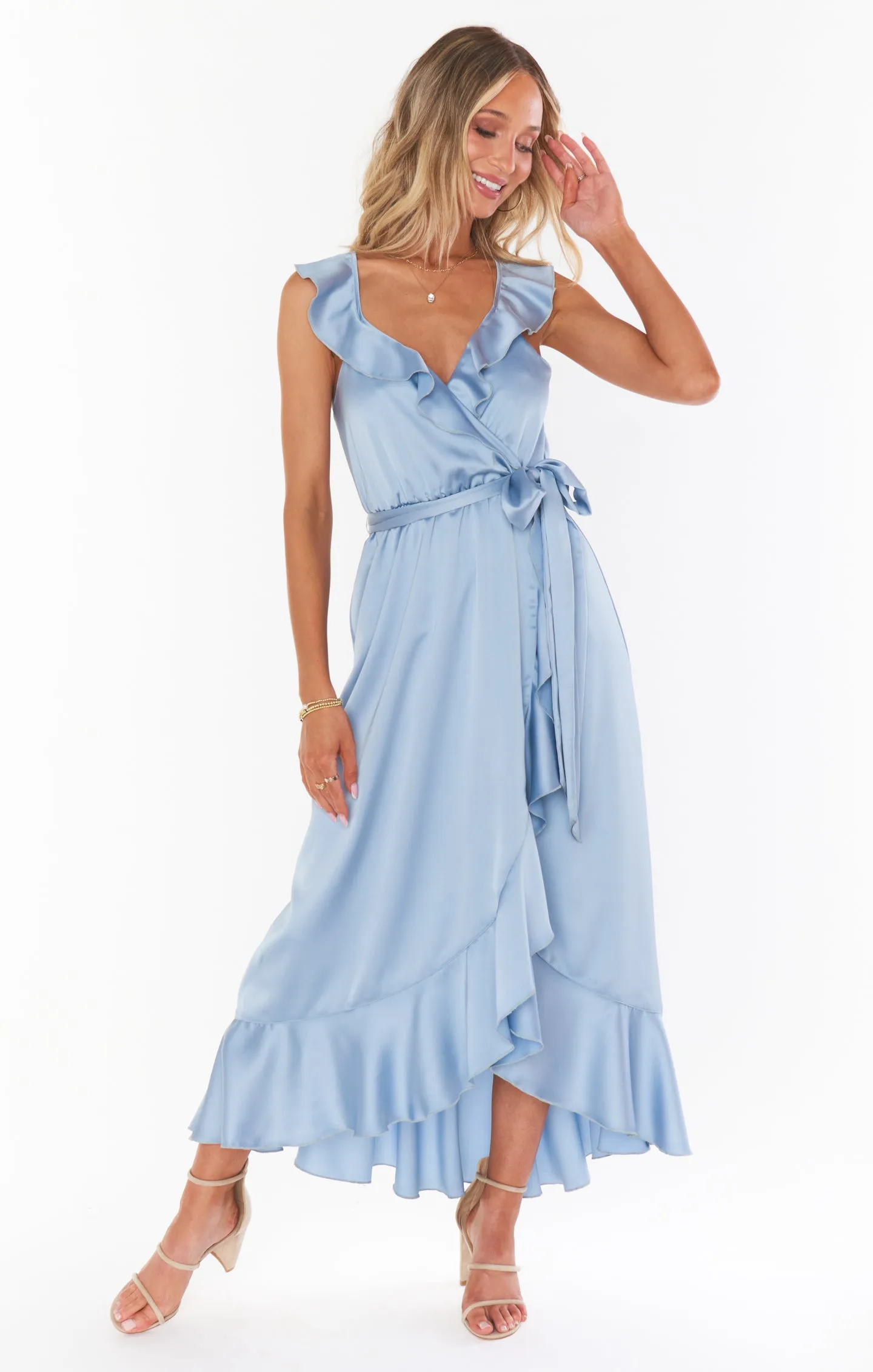 Samantha Ruffle Wrap Dress ~ Steel Blue Luxe Satin