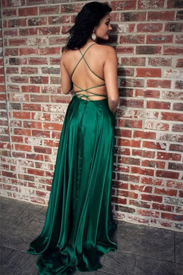 Spaghetti Strap Simple Prom Dress with Side Slit, Long Bridesmaid Dresses UQB0002