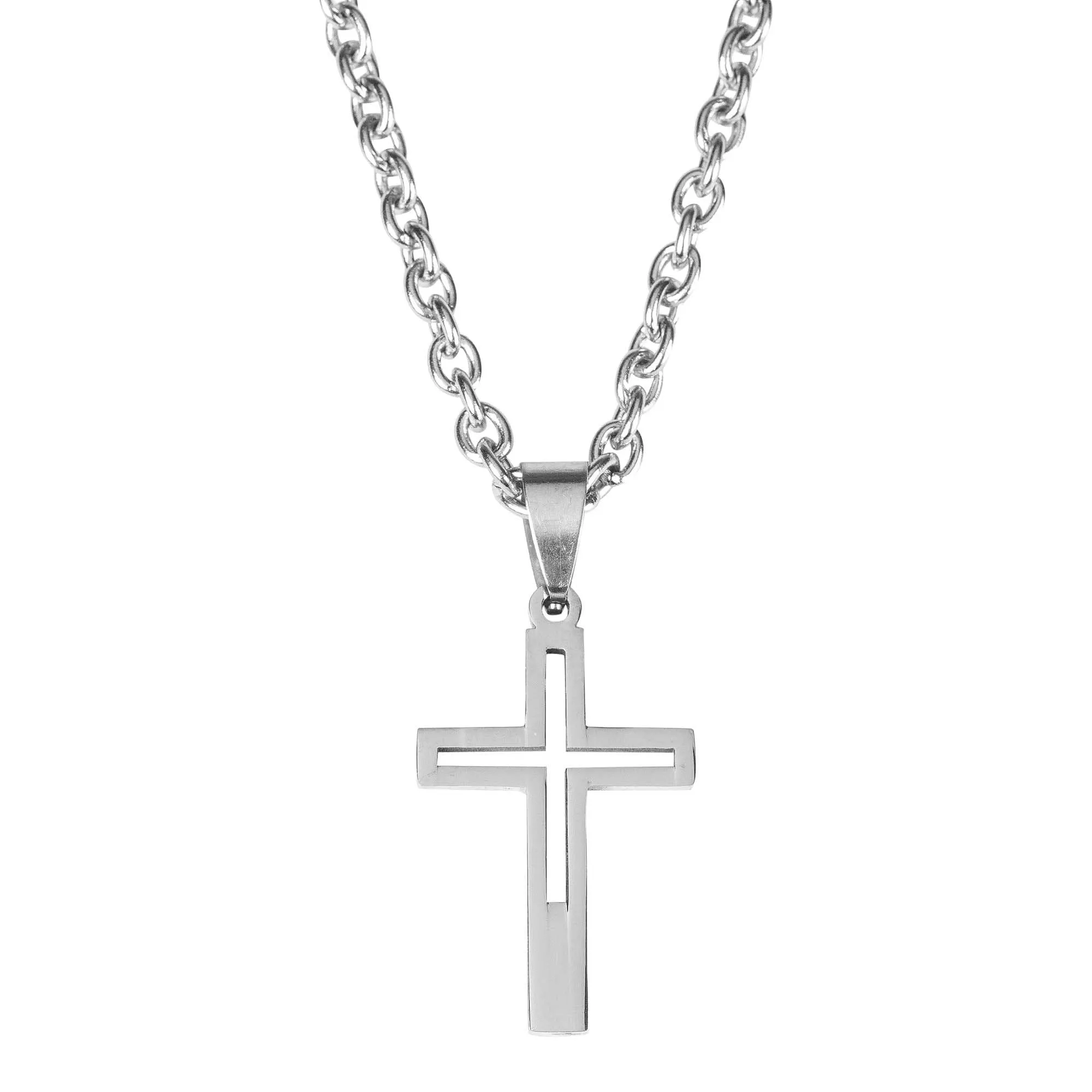 Stainless Steel Cutout Box Cross Necklace