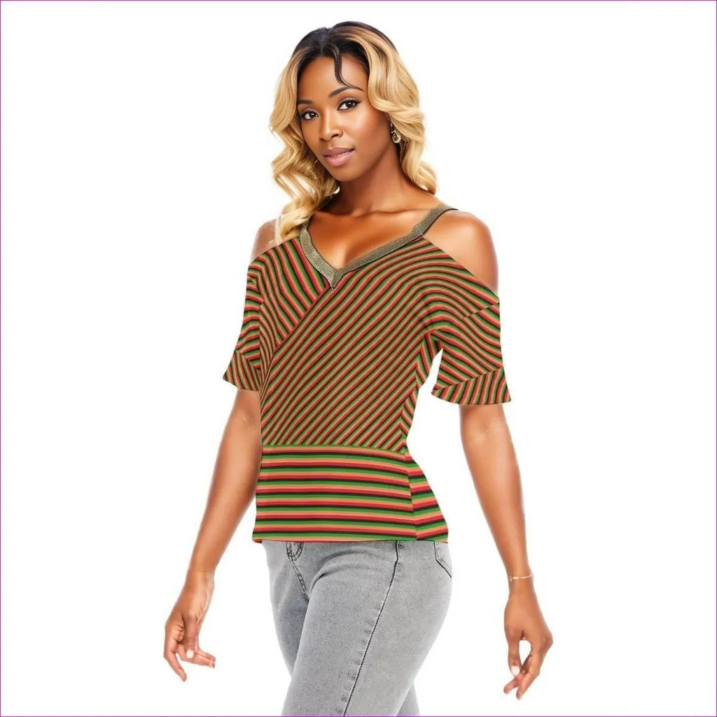 Striped Galore Women's Golden Elastic Band Neck Cold Shoulder T-Shirt