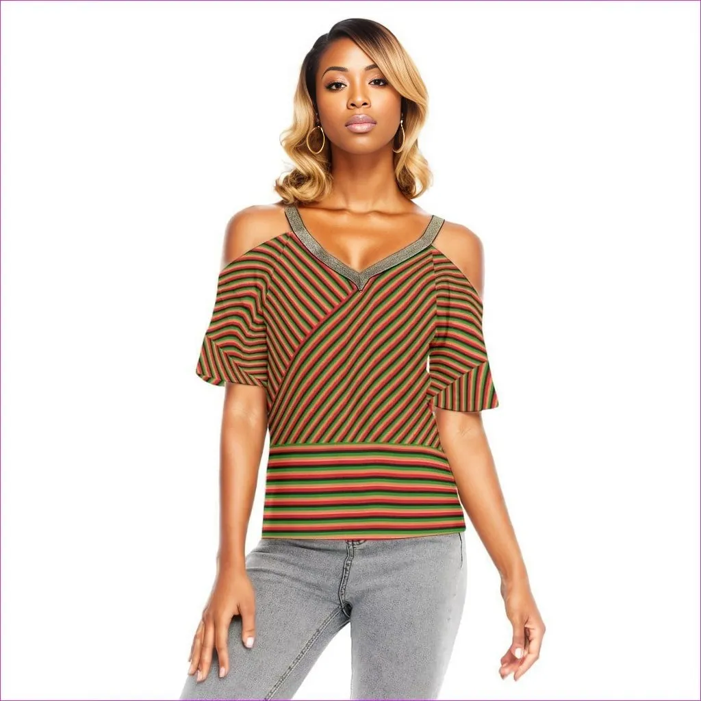 Striped Galore Women's Golden Elastic Band Neck Cold Shoulder T-Shirt