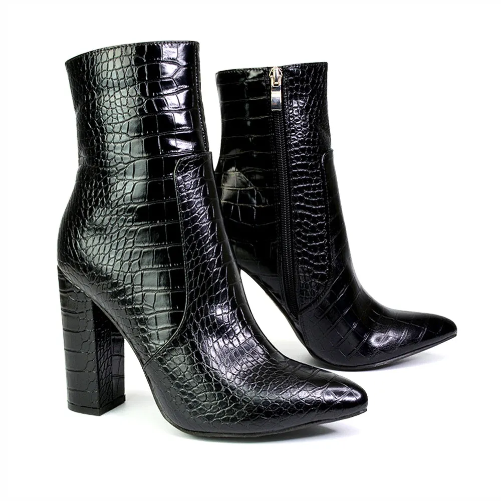 Sugar Block High Heel Zip-Up Heeled Ankle Boots With a Pointed Toe in Black Synthetic Leather