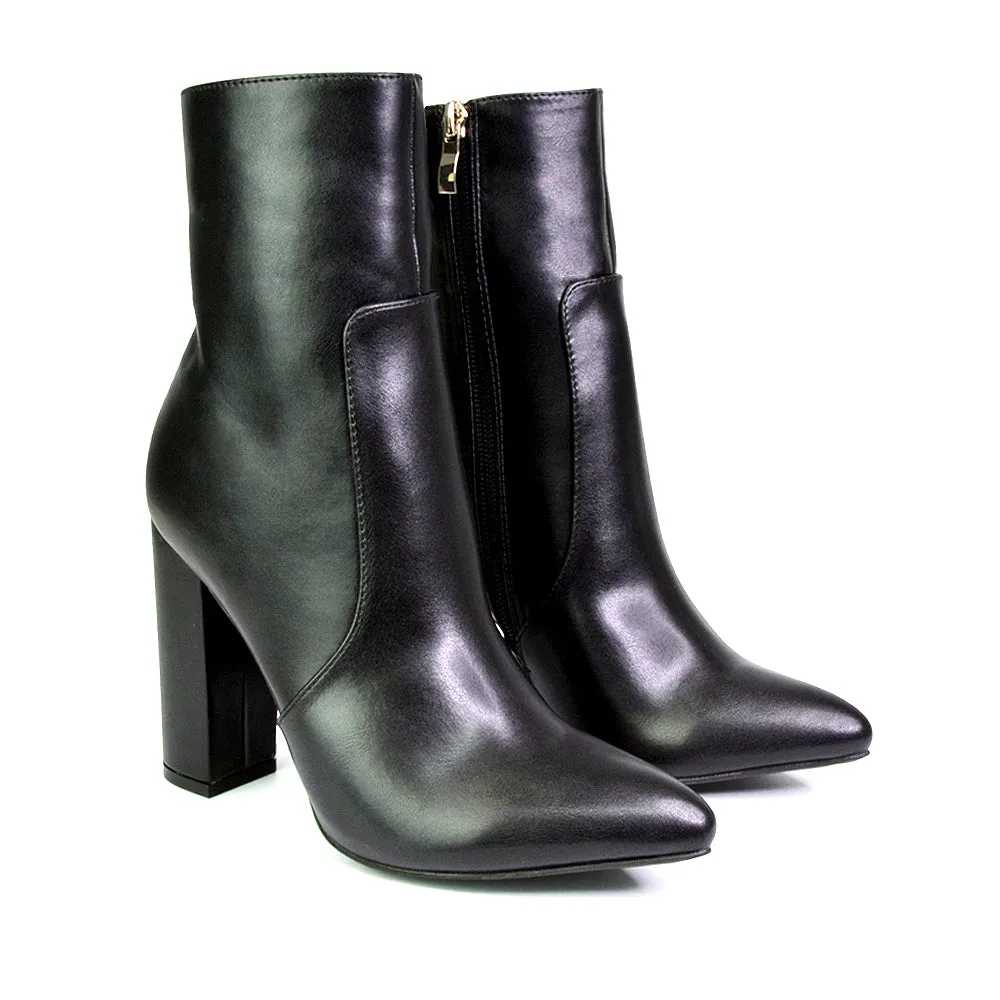 Sugar Block High Heel Zip-Up Heeled Ankle Boots With a Pointed Toe in Black Synthetic Leather