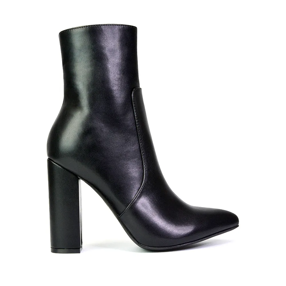 Sugar Block High Heel Zip-Up Heeled Ankle Boots With a Pointed Toe in Black Synthetic Leather