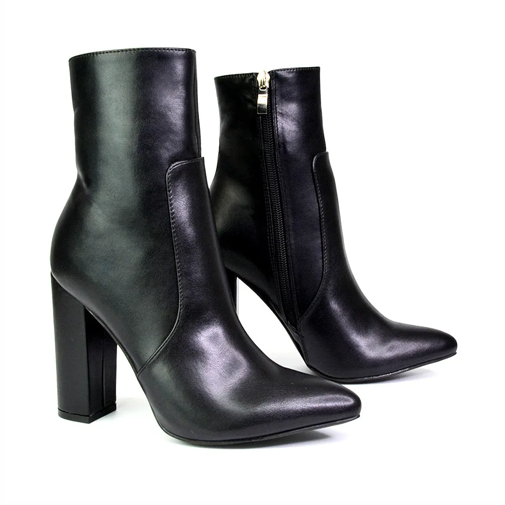 Sugar Block High Heel Zip-Up Heeled Ankle Boots With a Pointed Toe in Black Synthetic Leather