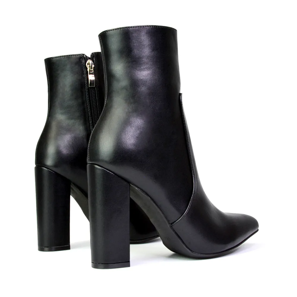 Sugar Block High Heel Zip-Up Heeled Ankle Boots With a Pointed Toe in Black Synthetic Leather