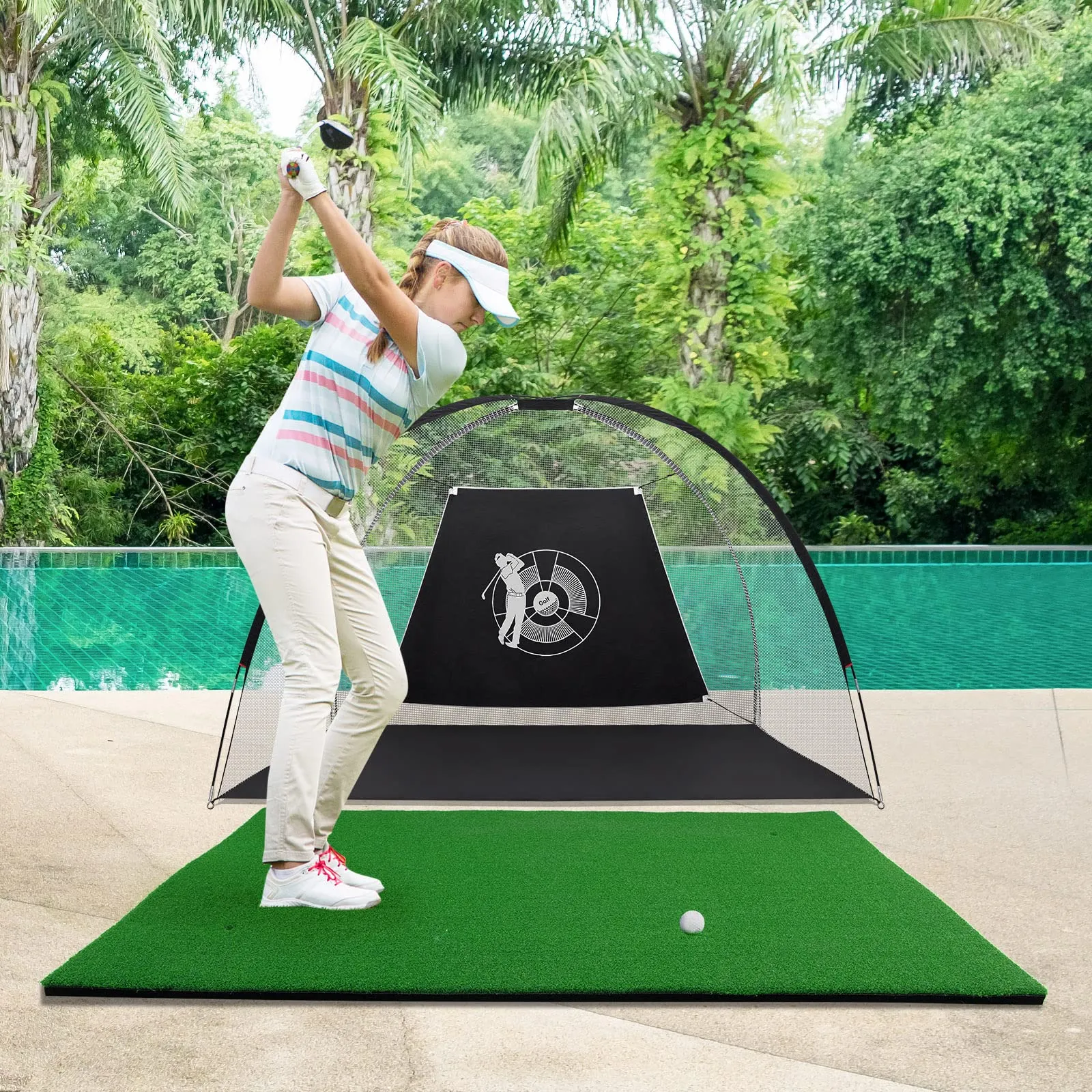 Tangkula 5ft x 3 ft Golf Hitting Mat, Artificial Turf Grass Mat with 3 Rubber Golf Tees