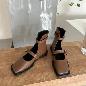 TAVIMART -  Solid Color Flat Low Heel Women's Short Boots Buckle Strap Square Toe Women Shoes Hand-made 2024 Fashion Casual Zapatos De Mujer