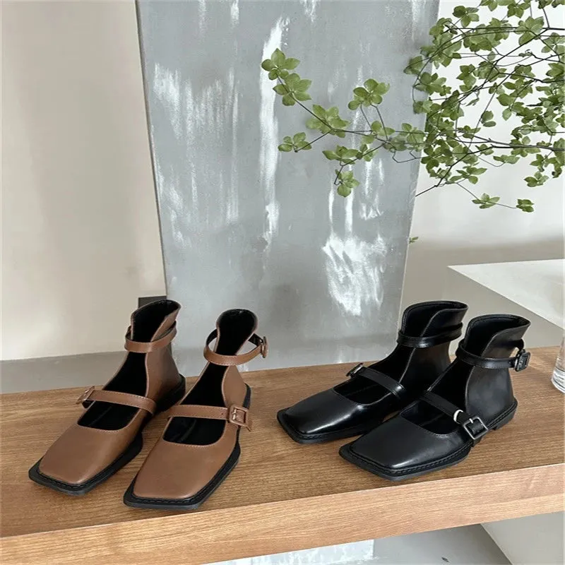 TAVIMART -  Solid Color Flat Low Heel Women's Short Boots Buckle Strap Square Toe Women Shoes Hand-made 2024 Fashion Casual Zapatos De Mujer