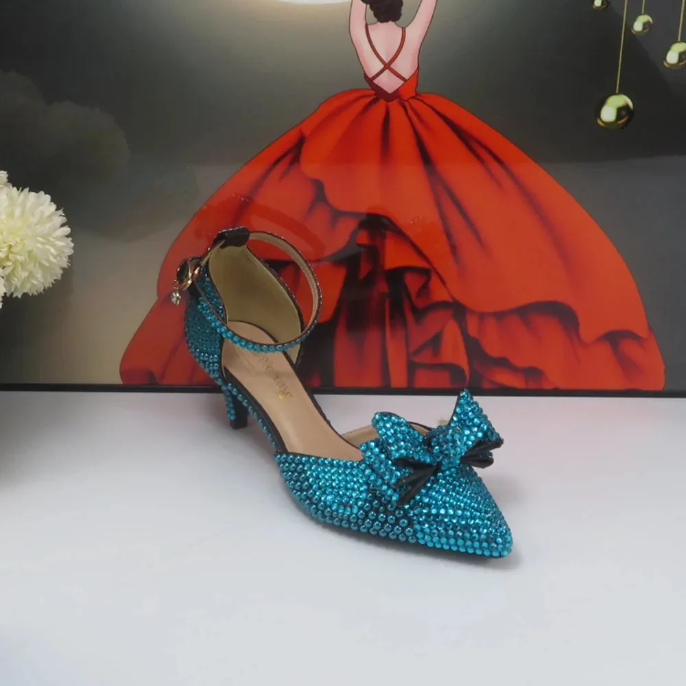 Teal Blue Crystal Bow Top Shoes with Matching Clutch Bag