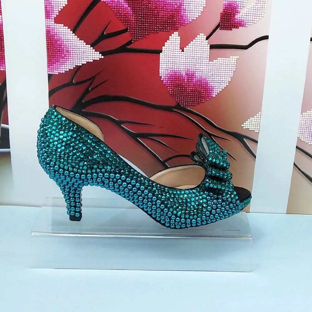 Teal Blue Crystal Bow Top Shoes with Matching Clutch Bag