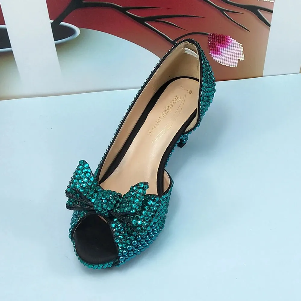 Teal Blue Crystal Bow Top Shoes with Matching Clutch Bag