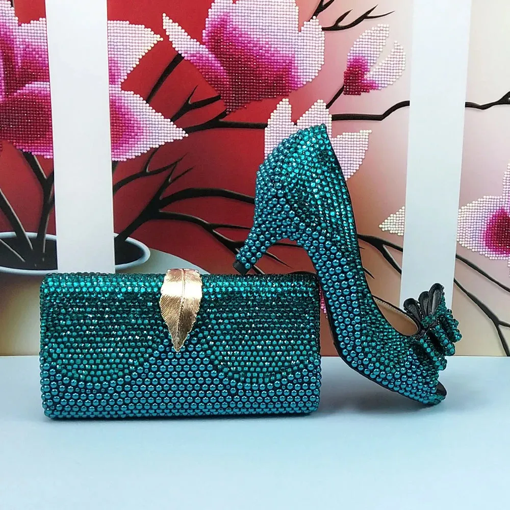 Teal Blue Crystal Bow Top Shoes with Matching Clutch Bag