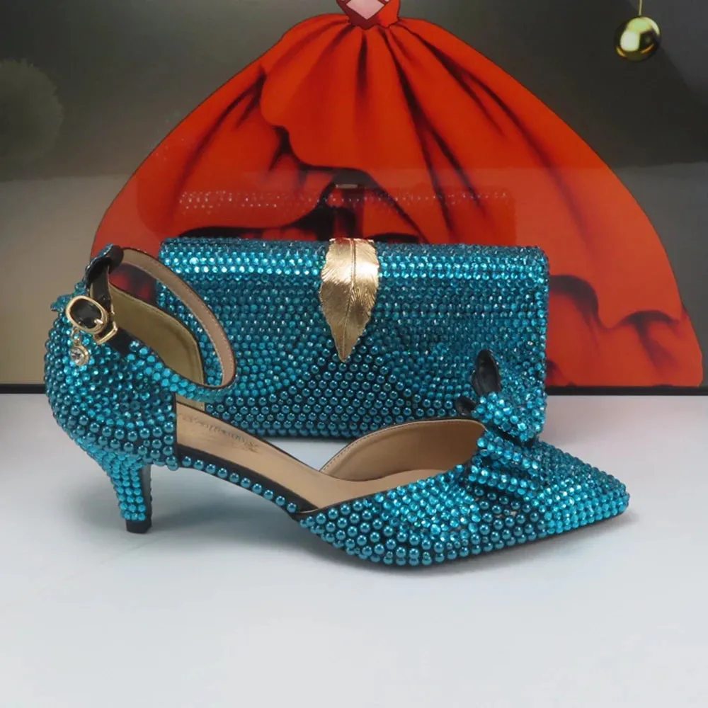 Teal Blue Crystal Bow Top Shoes with Matching Clutch Bag