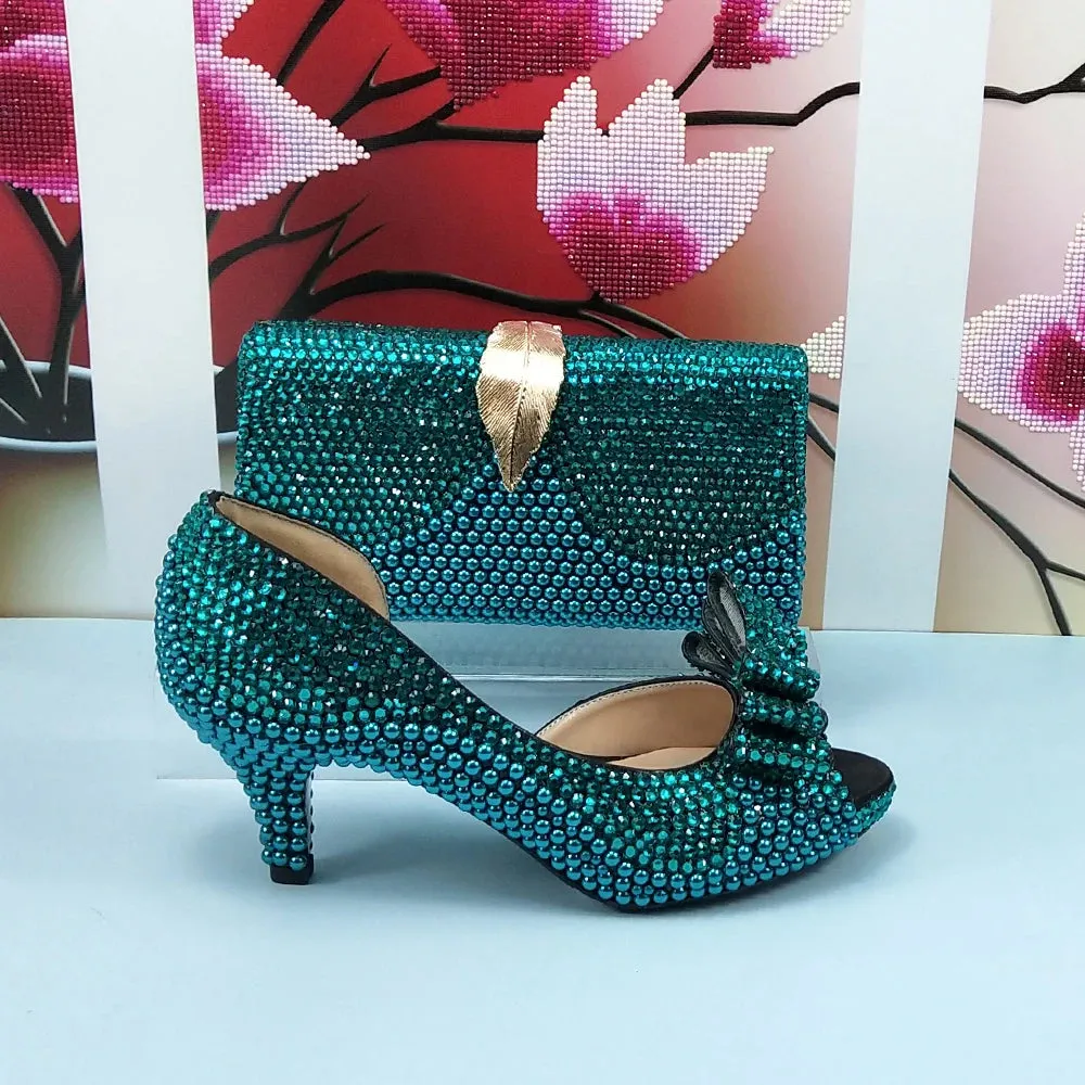 Teal Blue Crystal Bow Top Shoes with Matching Clutch Bag