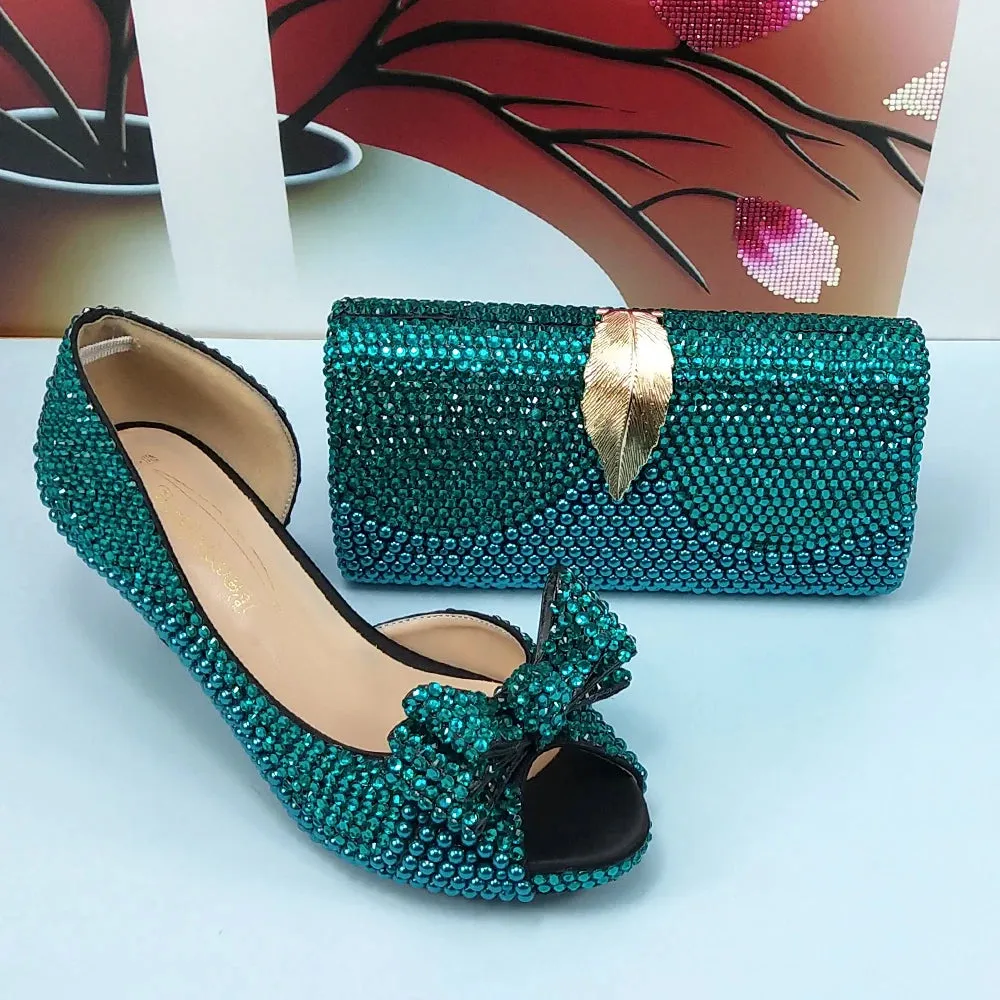 Teal Blue Crystal Bow Top Shoes with Matching Clutch Bag