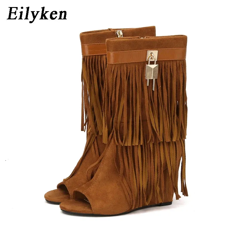 Trendy Fringe Wedge Sandals Open Toe Boots