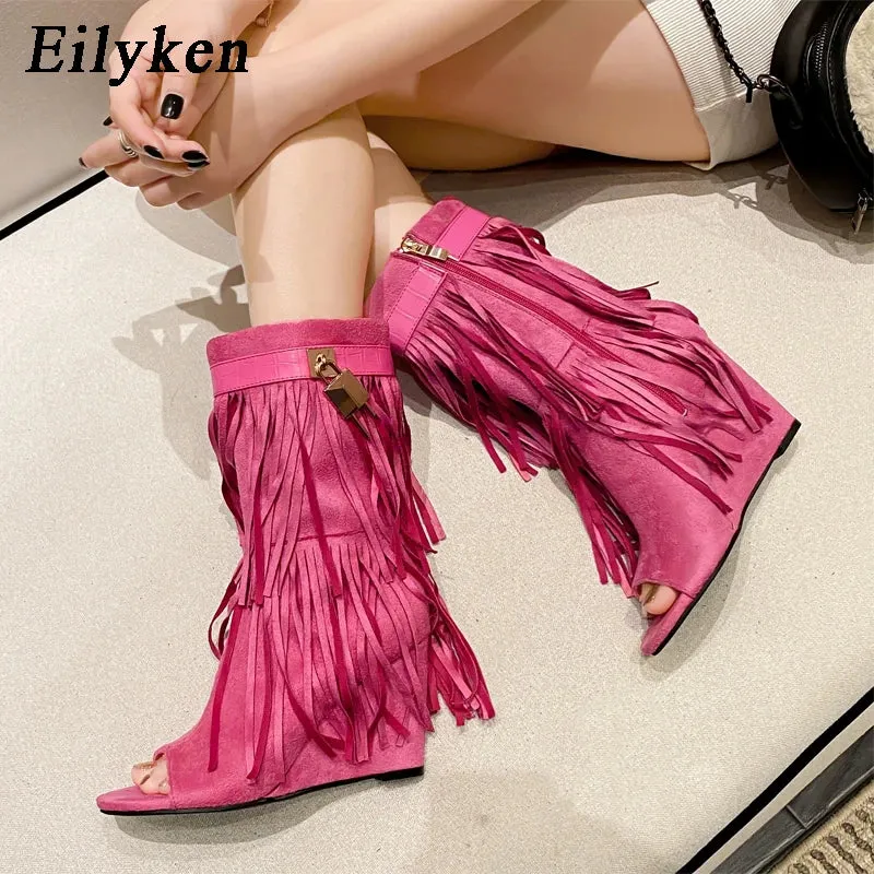 Trendy Fringe Wedge Sandals Open Toe Boots