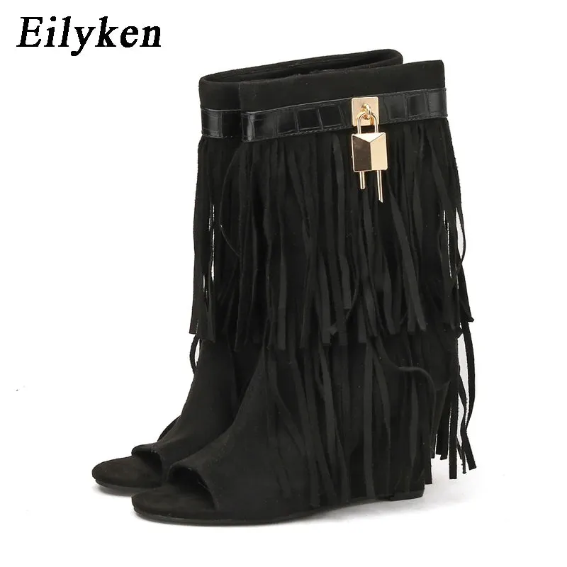 Trendy Fringe Wedge Sandals Open Toe Boots