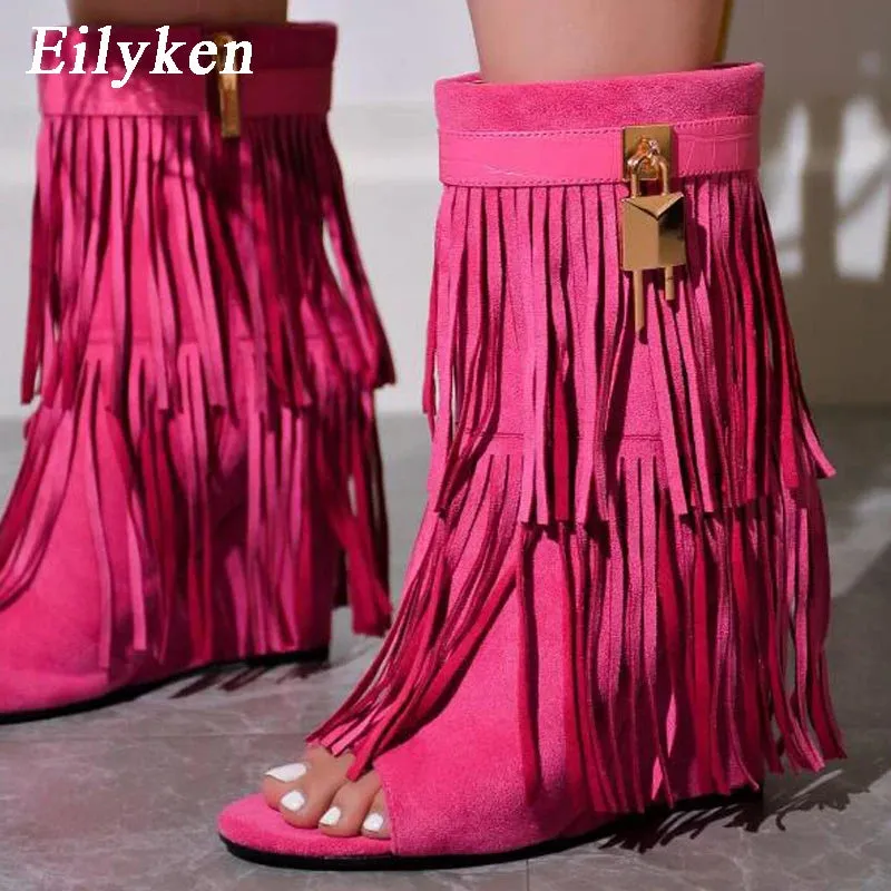 Trendy Fringe Wedge Sandals Open Toe Boots