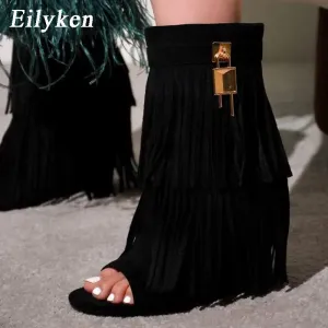 Trendy Fringe Wedge Sandals Open Toe Boots