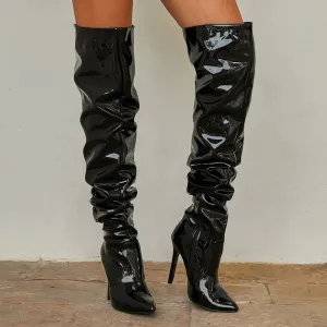 Trendy Over Knee Pleated Patent Leather High  Heel Boots