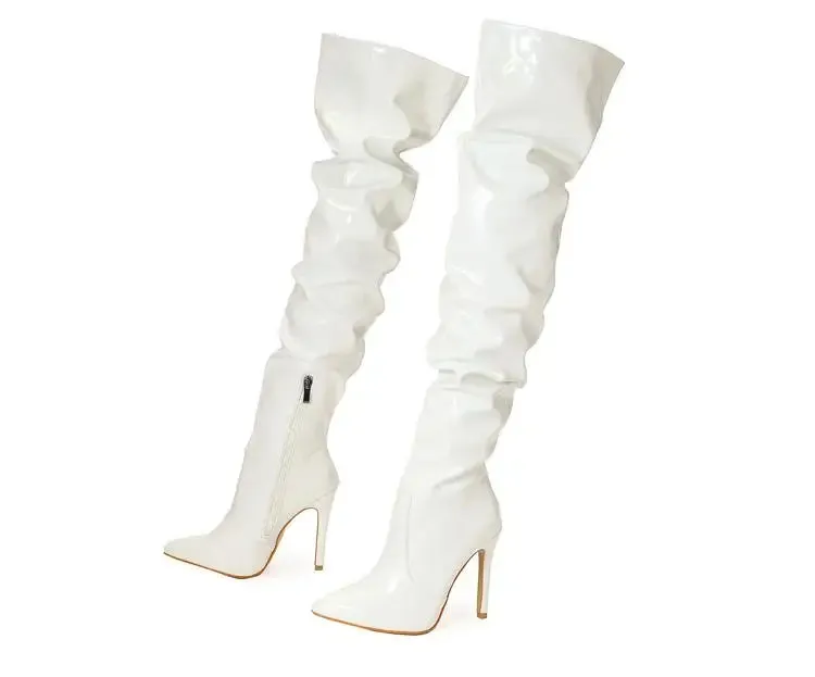 Trendy Over Knee Pleated Patent Leather High  Heel Boots