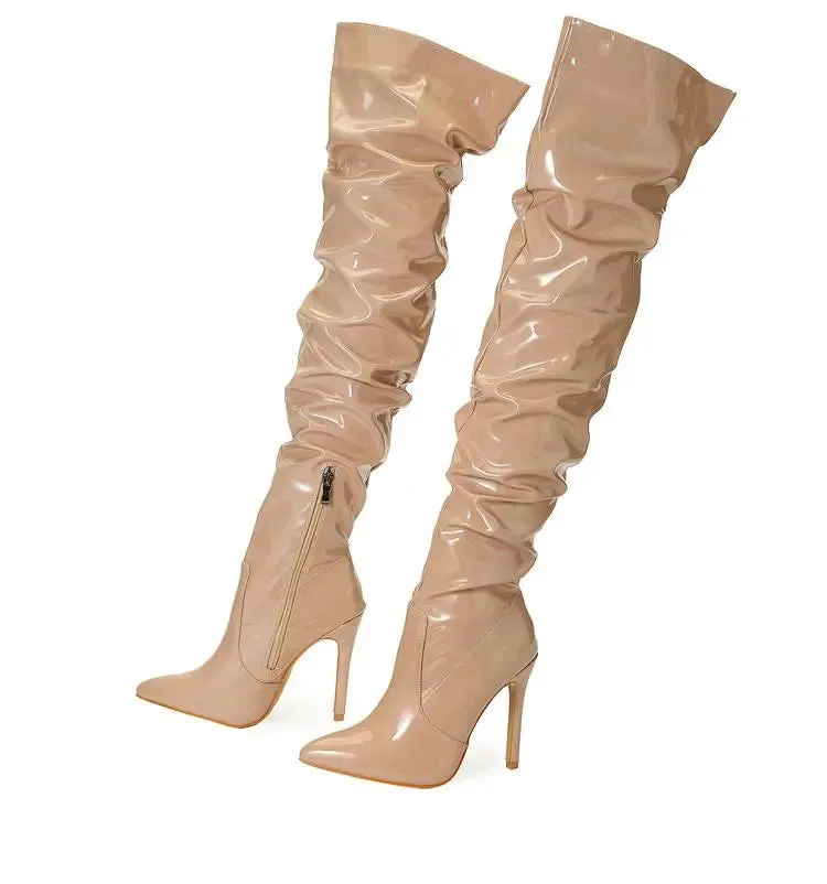 Trendy Over Knee Pleated Patent Leather High  Heel Boots