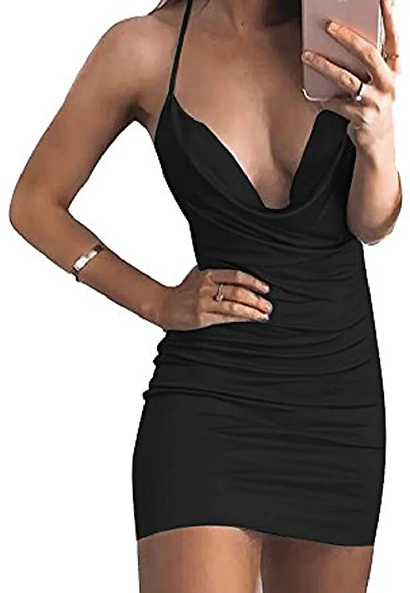 VANCOL Women's Sexy Deep V-Neck Halter Backless Slit Mini Party Club Dress