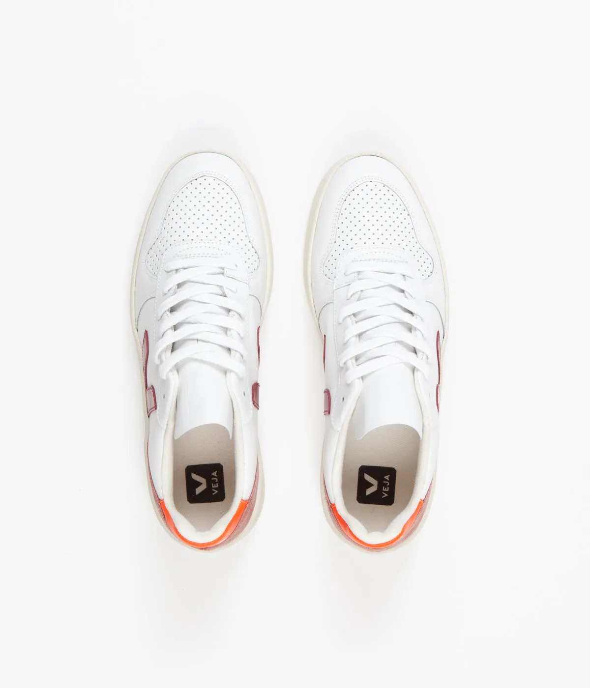 Veja V-10 Leather Shoes - Extra White / Marsala / Dried Petal / Orange Fluoro