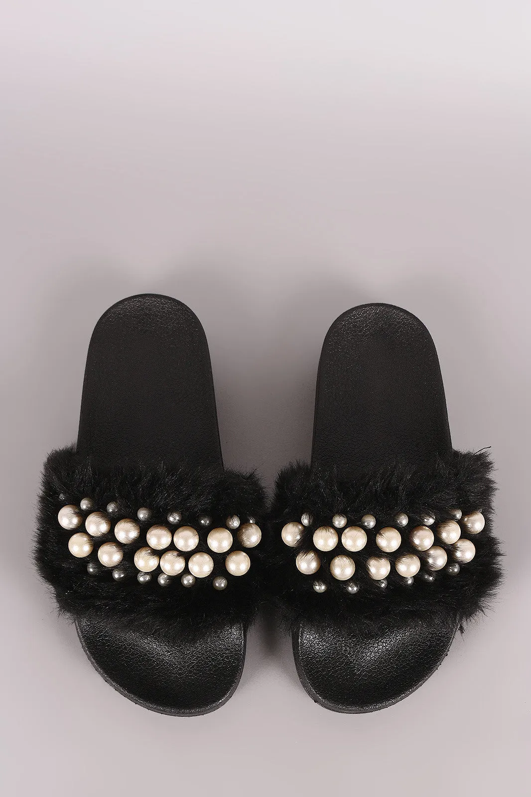 Wild Diva Lounge Faux Pearl Embellished Fur Slide Sandal