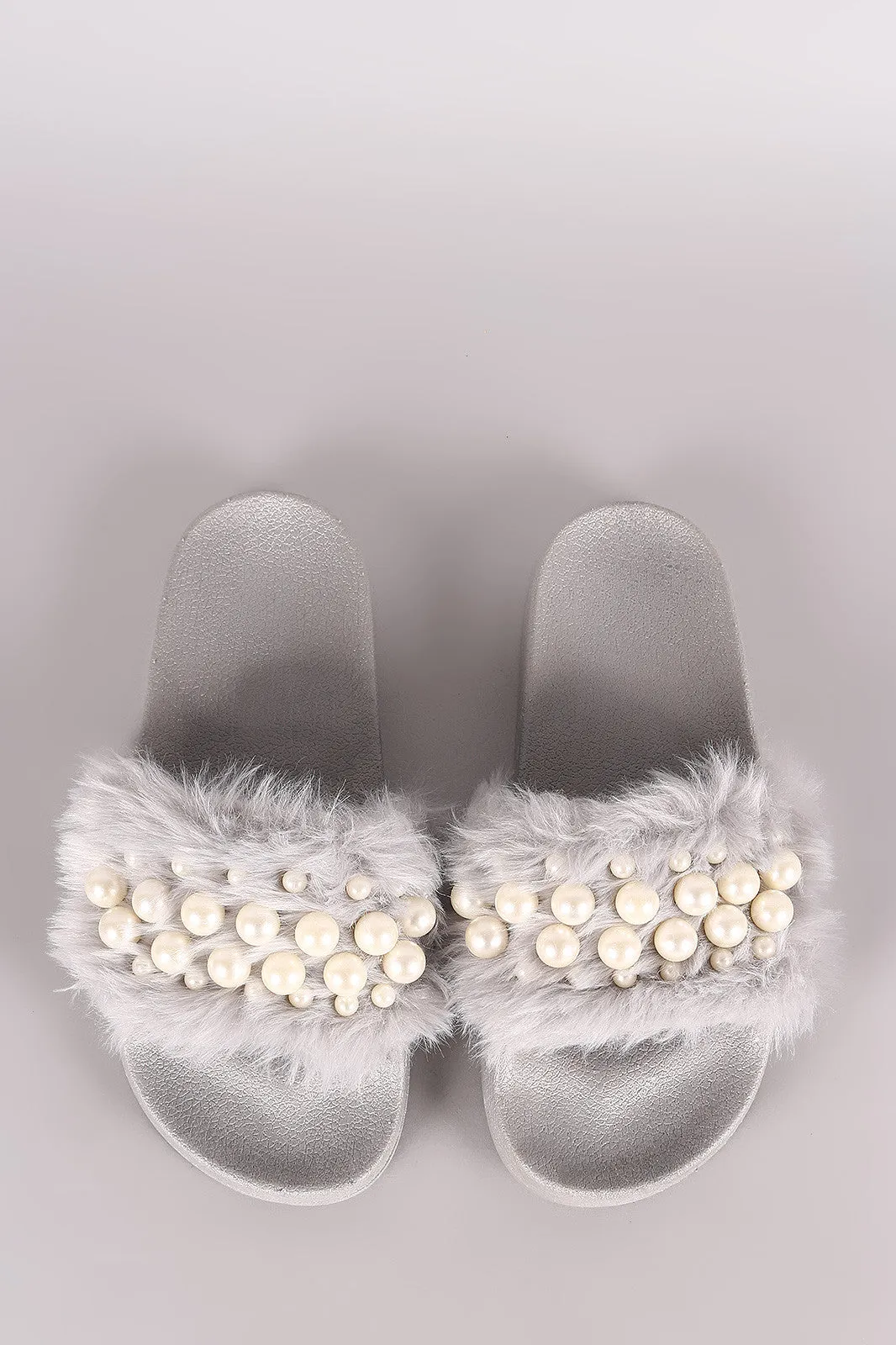 Wild Diva Lounge Faux Pearl Embellished Fur Slide Sandal