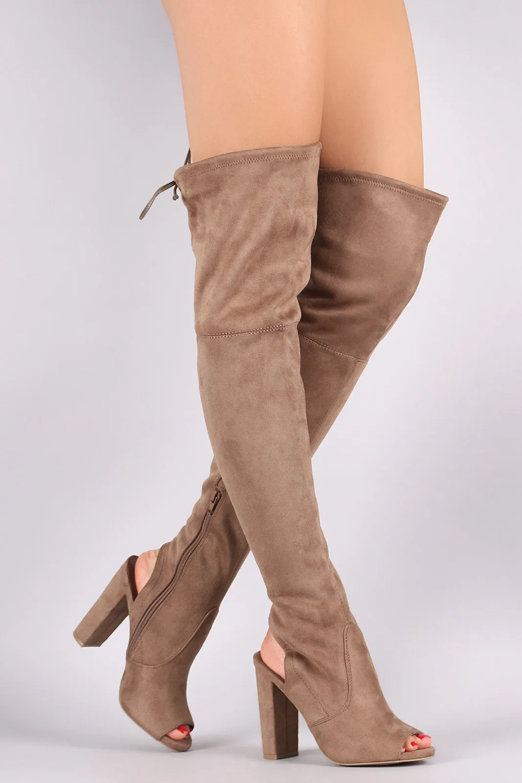 Wild Diva Lounge Suede Drawstring-Tie Chunky Heeled Over-The-Knee Boots