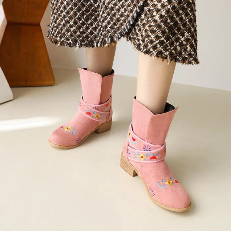 Women's Embroidery Printing Low Heel Mid Calf Boots