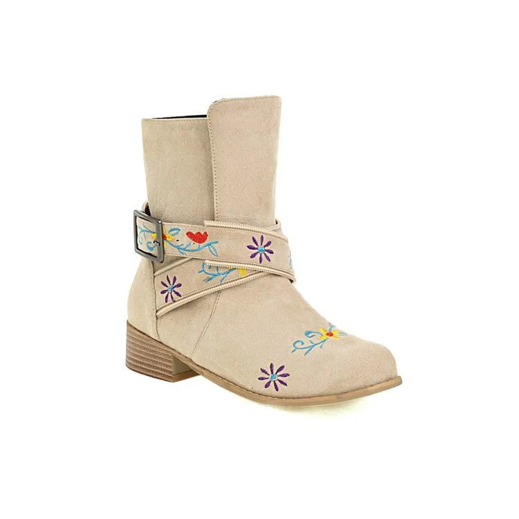 Women's Embroidery Printing Low Heel Mid Calf Boots